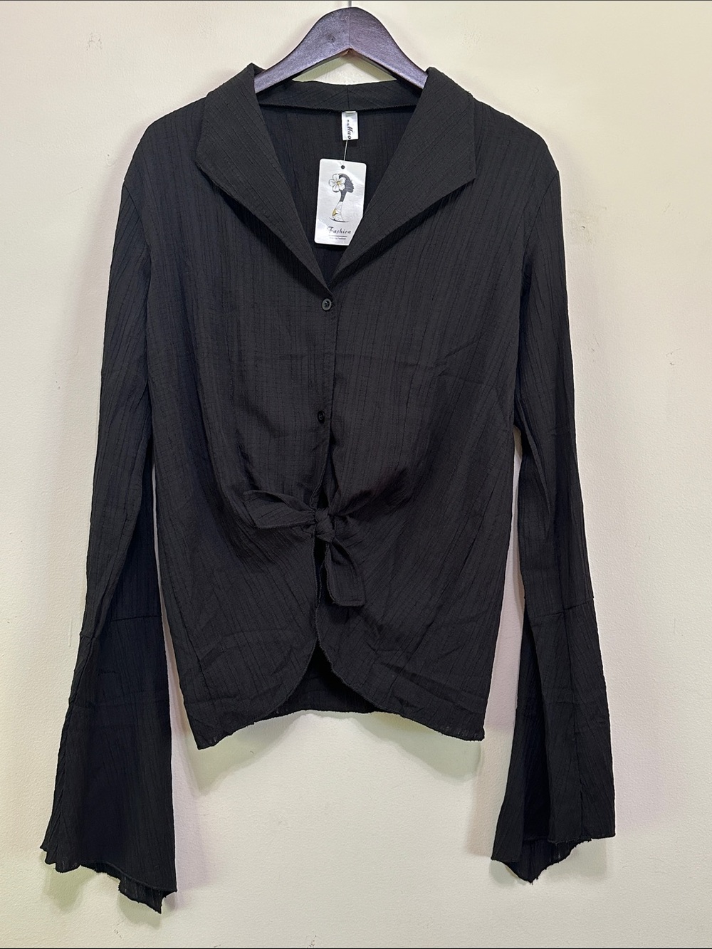 Tie-Front Black Button-Down Shirt - Unbranded